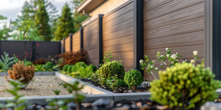A modern back garden with slatted wooden fencing